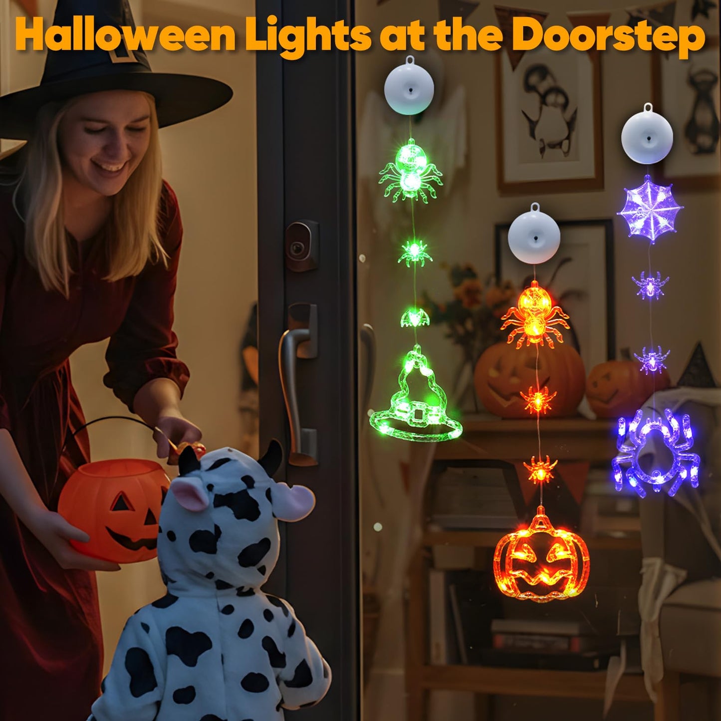 suddus 3 Pack Halloween Lights Battery Operated with Timer, Orange Pumpkin Violet Spider Green Witch Hat Halloween Window Lights with Suction Cup for Home Indoor Party Decor