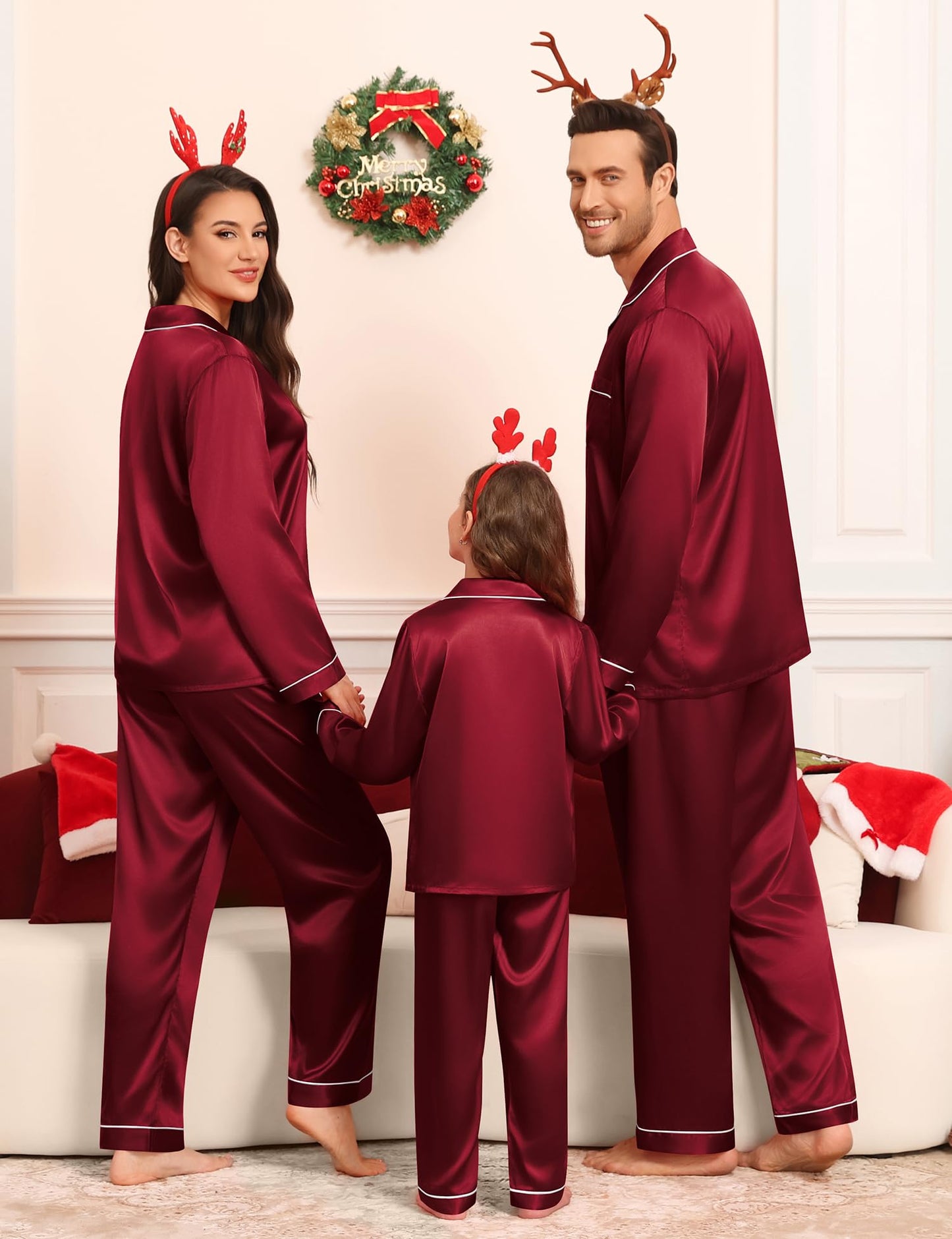 SWOMOG Family Matching Pajamas Set Silk Satin Button Down Sleepwear Long Sleeve Nightwear 2 Pcs Pj Set Men Wine Red Large