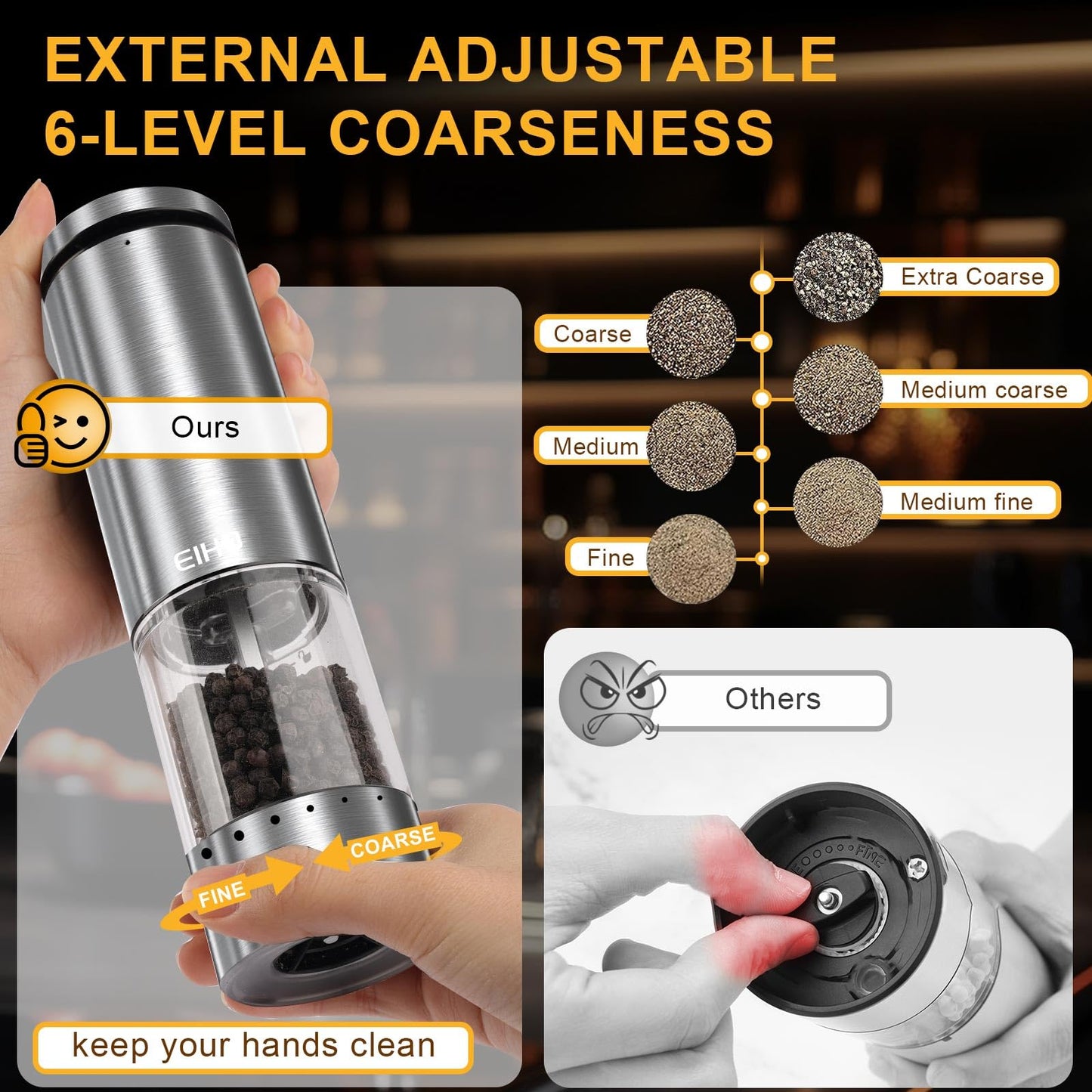 EIHO Electric Salt and Pepper Grinder Set USB Rechargeable, Upgraded External Adjustable Coarseness, Stainless Steel Automatic Salt and Pepper Shakers Mills with LED Light, House Warming Cooking Gifts