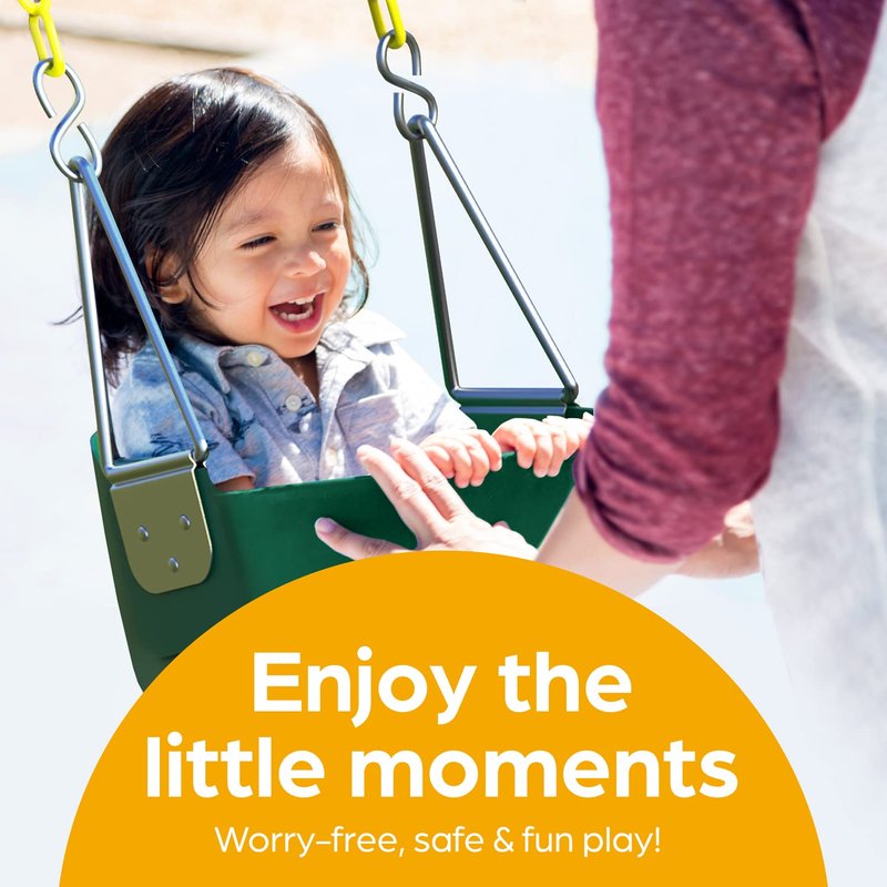 Jungle Gym Kingdom Baby Swing Outdoor - Heavy Duty Toddler Swing Set Accessories, High Back, Full Bucket Seat with Coated Chains for Outdoor Use - Fully Assembled - Green