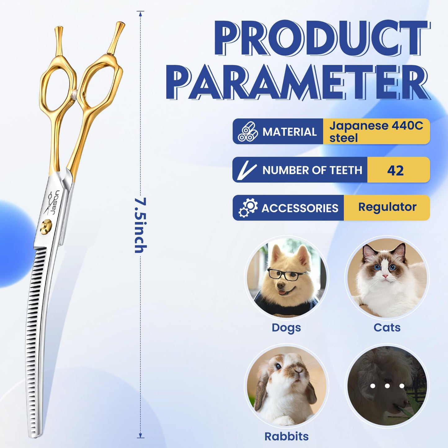 Jason 7.5 Inch Curved Thinning Scissors for Dog 43 Teeth Professional Downward Curved Blending Trimming Shears Japanese 440C Stainless Steel Dog Scissors with Symmetrical Handle