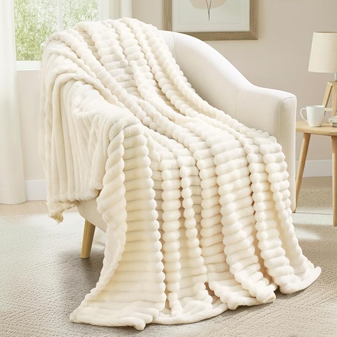 decorUhome Soft Fleece Cream White Blanket King Size for Bed, Cozy Fluffy Plush Flannel Large Striped Throws for Couch Sofa, Lightweight Decorative Fuzzy Blanket for Woman, 108x90 Inches