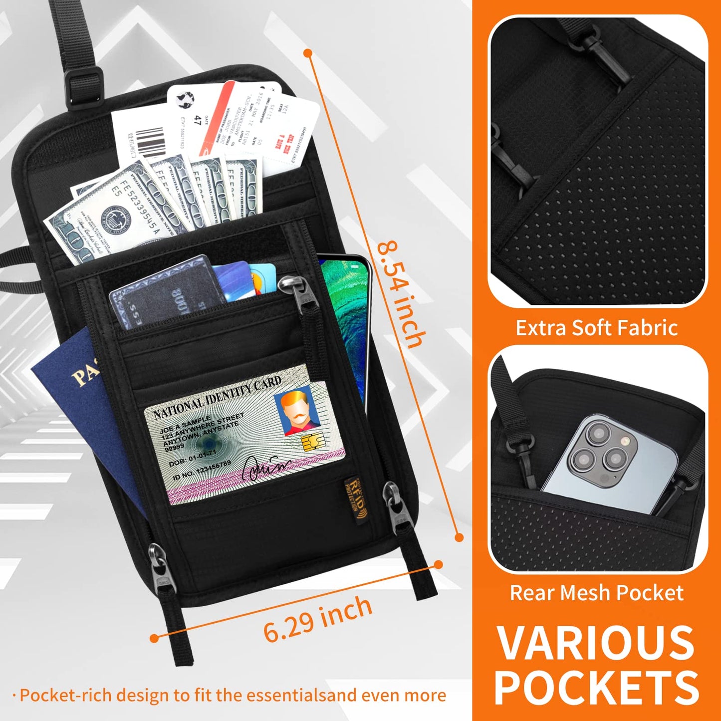 HOTEMIA Neck Wallet for Travel,Passport Holder Neck Pouch for Men Women with Adjustable Neck Strap and RFID Blocking (Orange)