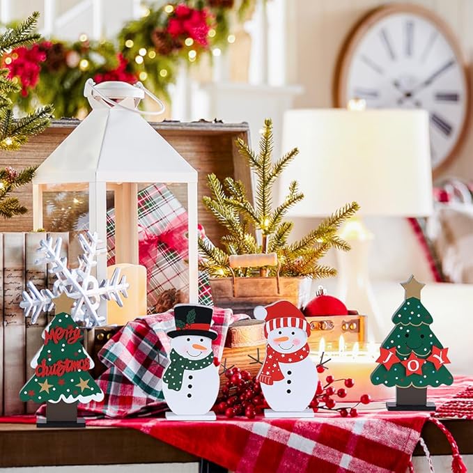 DECSPAS Christmas Decorations Indoor, 4 PCS Wood Christmas Trees & Snowmen for Centerpiece Table Decorations, Wooden Tiered Tray for Xmas Decor, Home, Winter, Tabletop, Mantel, Shelf, Gifts