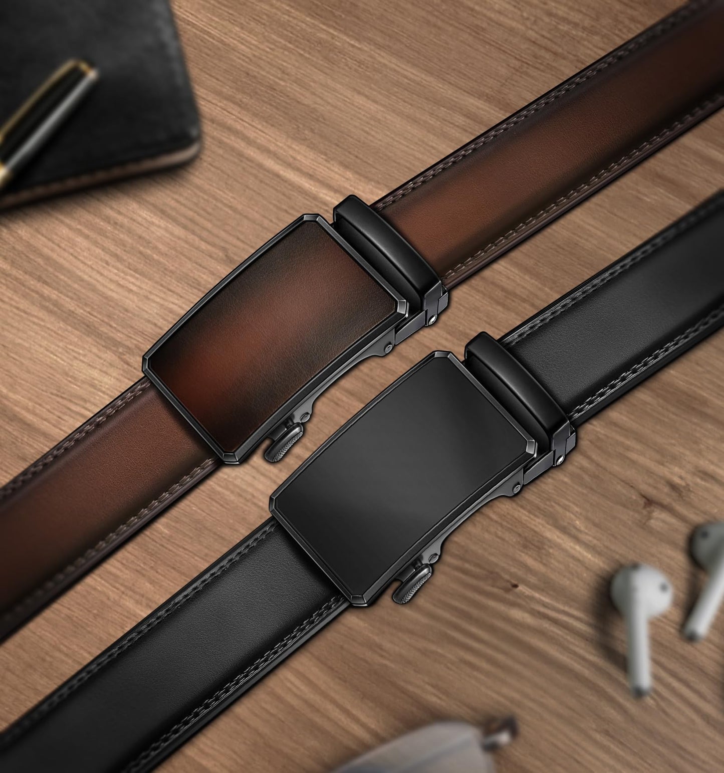 KEMISANT Men Belt 2 Pack, Leather Ratchet Belt Easy Click Slide For Men 1 3/8",Cut for Fit(Black/Deep Brown,32"-38" Waist Adjustable)