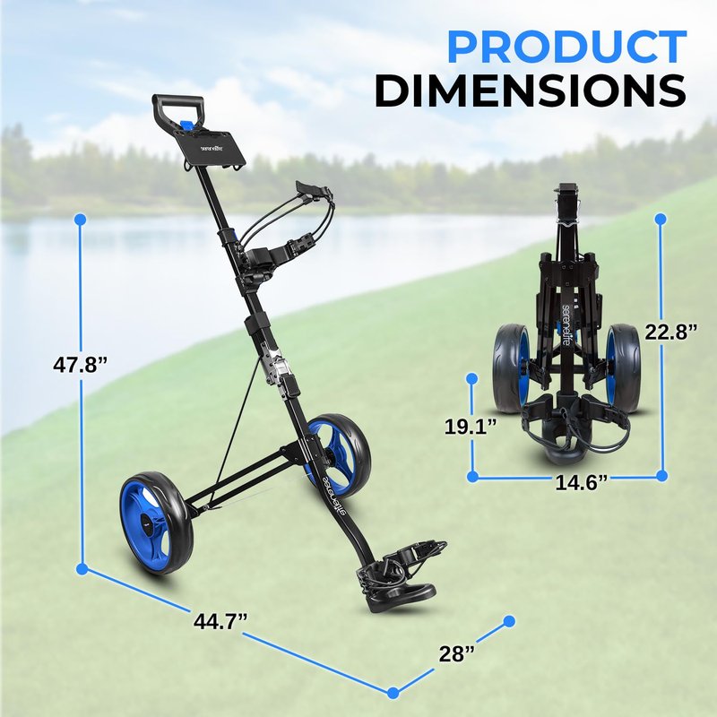 SereneLife Golf Push Pull Cart with Deluxe Scorecard Holder, Adjustable Handle, Upper & Lower Strap Brackets, Lightweight Foldable Design with Quick Brake & Compact Folding