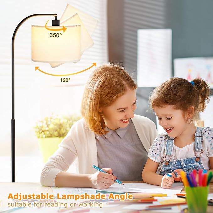 Arc Floor Lamp with Remote and Stepless Dimmable Bulb, Colors Temperature & Brightness Adjustable, Floor Lamps for Living Room(White Shade & Black Pole)