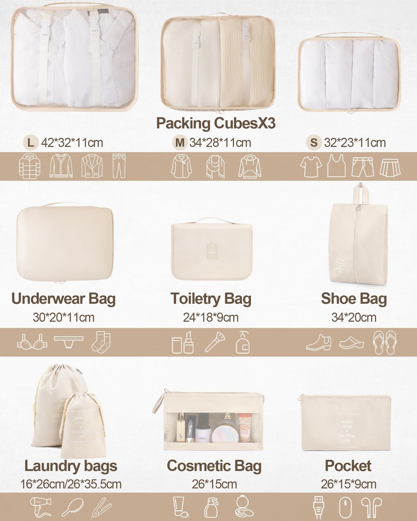 Packing Cubes for Suitcase, 10 PCS Travel Luggage Organizers, Travel Essentials, Waterproof Packing Organisers, Luggage Organizer Bags, Beige