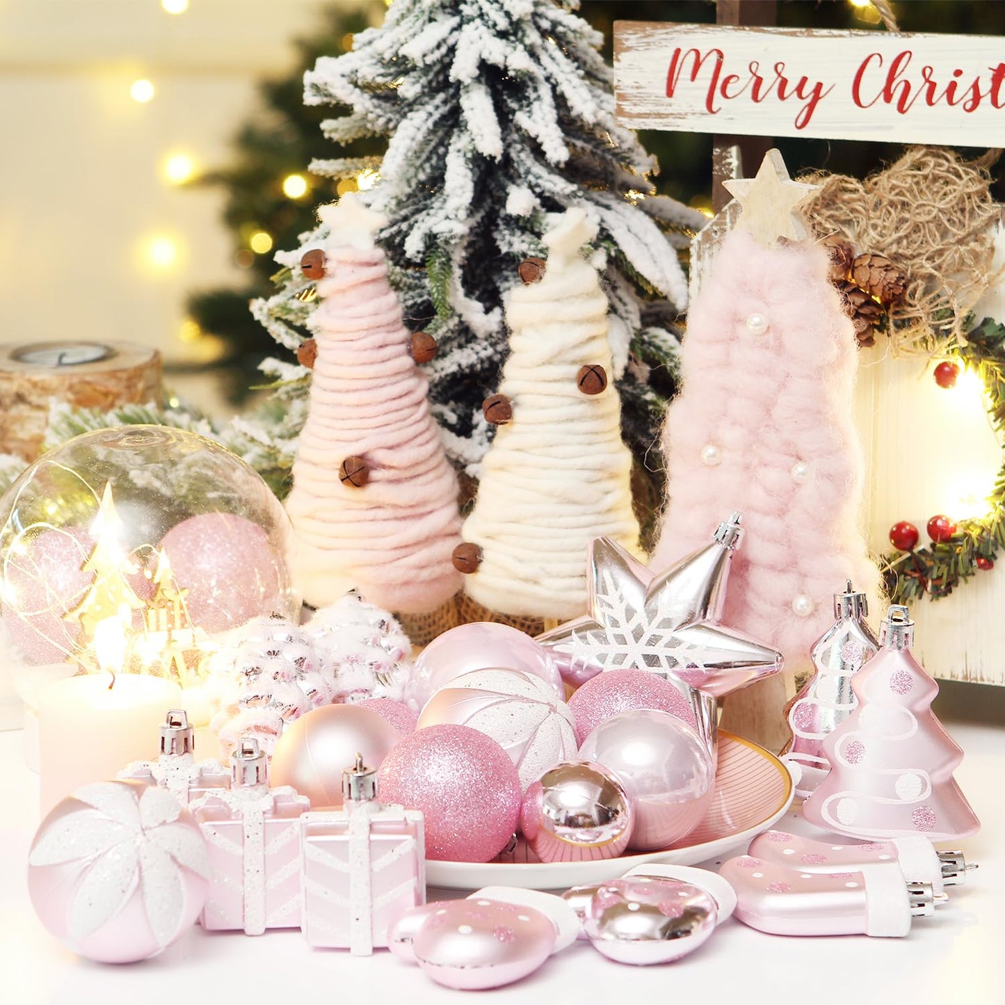 Sea Team 77-Pack Assorted Shatterproof Christmas Balls Christmas Ornaments Set Decorative Baubles Pendants with Reusable Hand-held Gift Package for Xmas Tree (Pink)