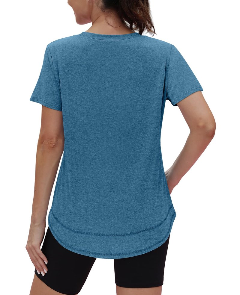 Spring Summer Tops for Women Short Sleeve Hiking Shirts Athleisure Golf Shirt Beach Fashion Curved Hem Loose Fit Blue Green XXL