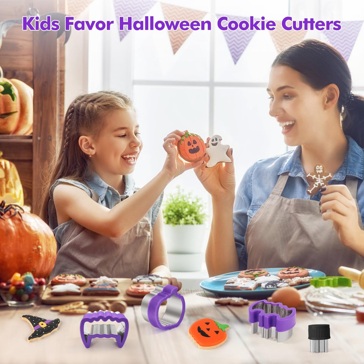 NPET Halloween Cookie Cutters for Kids Lunch 10Pcs, DIY Uncrustable Halloween Kids Lunch Cookie Cutters Peanut Butter & Jelly Cookie Cutter Gifts Press Boys Girls Purple