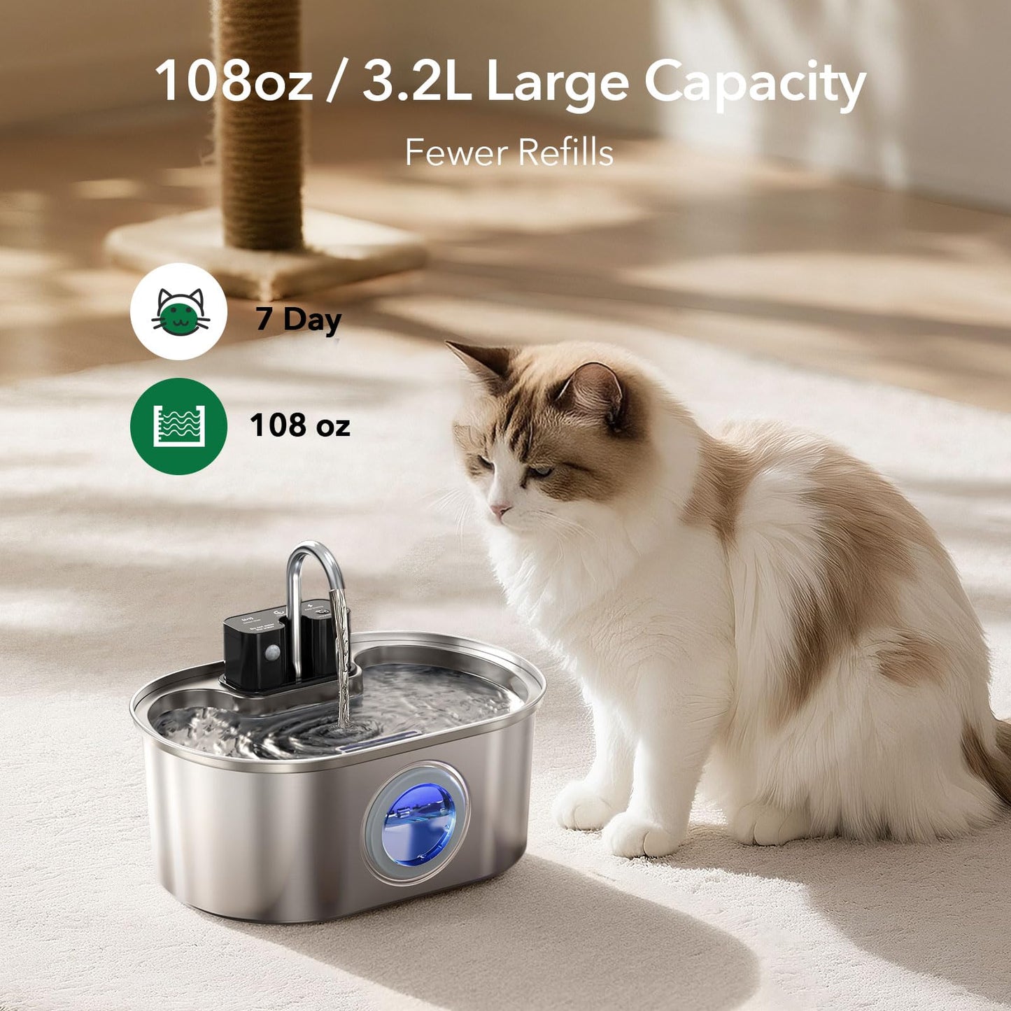 Cat Water Fountain Stainless Steel 108oz/3.2L:Battery Operated Wireless Cat Fountains for Drinking Indoor, Automatic Pet Water Dispenser with Ultra Quiet Pump,Multi-Filtration,Easy Clean BPA-Free