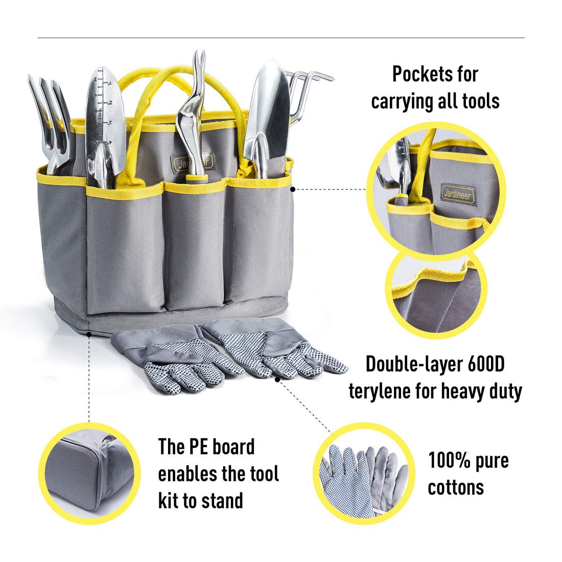 JARDINEER Stainless Steel Garden Tools Set, Including 5 Basic Garden Hand Fork and Trowel Set, Garden Glove and Pruner, Tote Bag, Gardening Tools for Women Men Mum