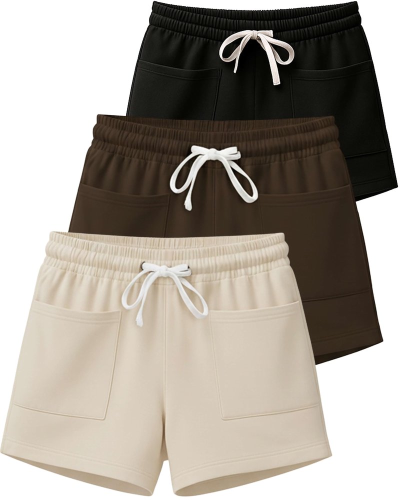Real Essentials 3 Pack: Women's French Terry Square Pocket Shorts Lounge, Casual Shorts with Pockets (Available in Plus)