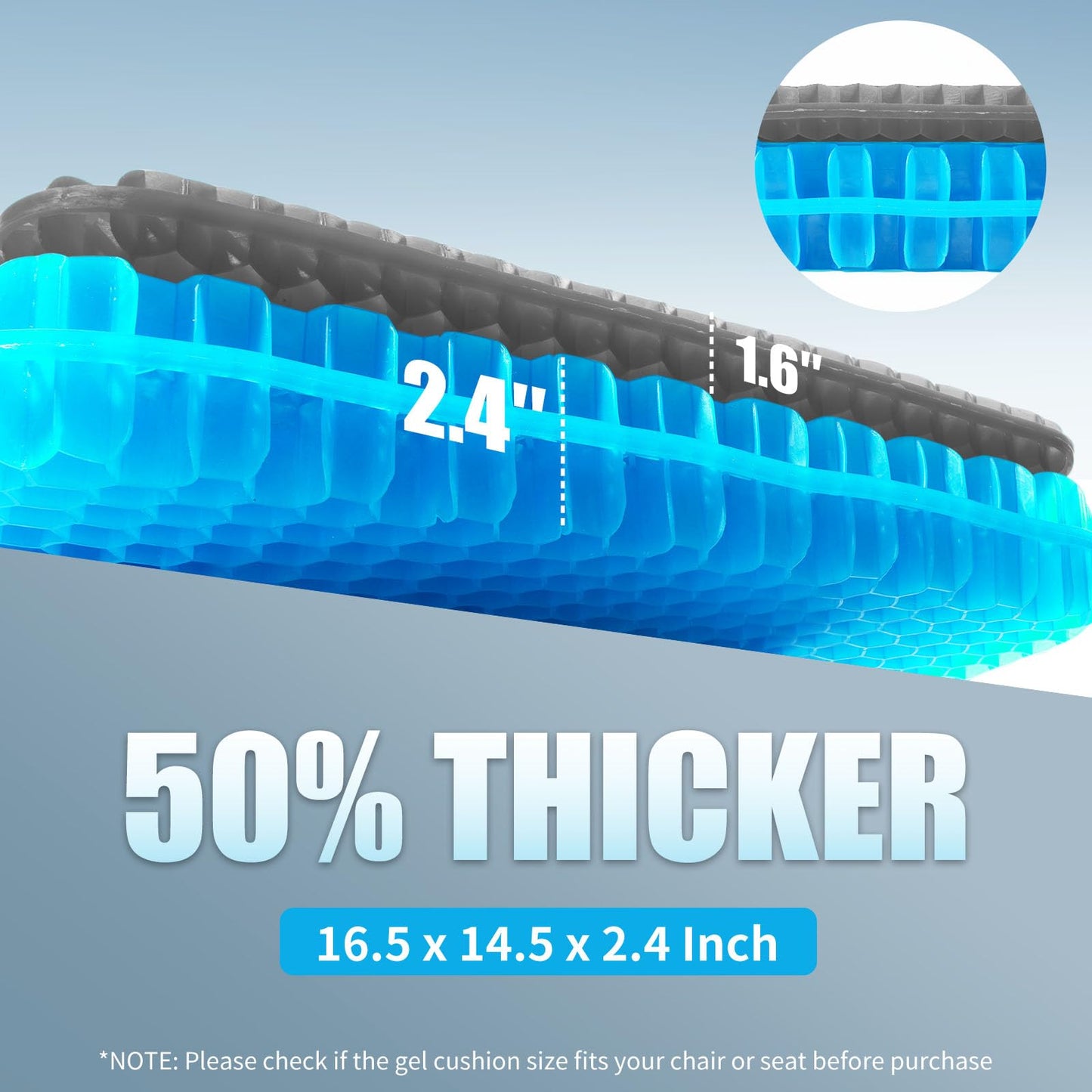 Gel Seat Cushion for Long Sitting - 16.5" x 14.5" x 2.4" (Extra Thick&Soft) Gel Cushion for People Over 180 lbs, Pressure Relief Cushion for Office Chair, Egg Cushions for Wheelchair, Gel Pad for Car