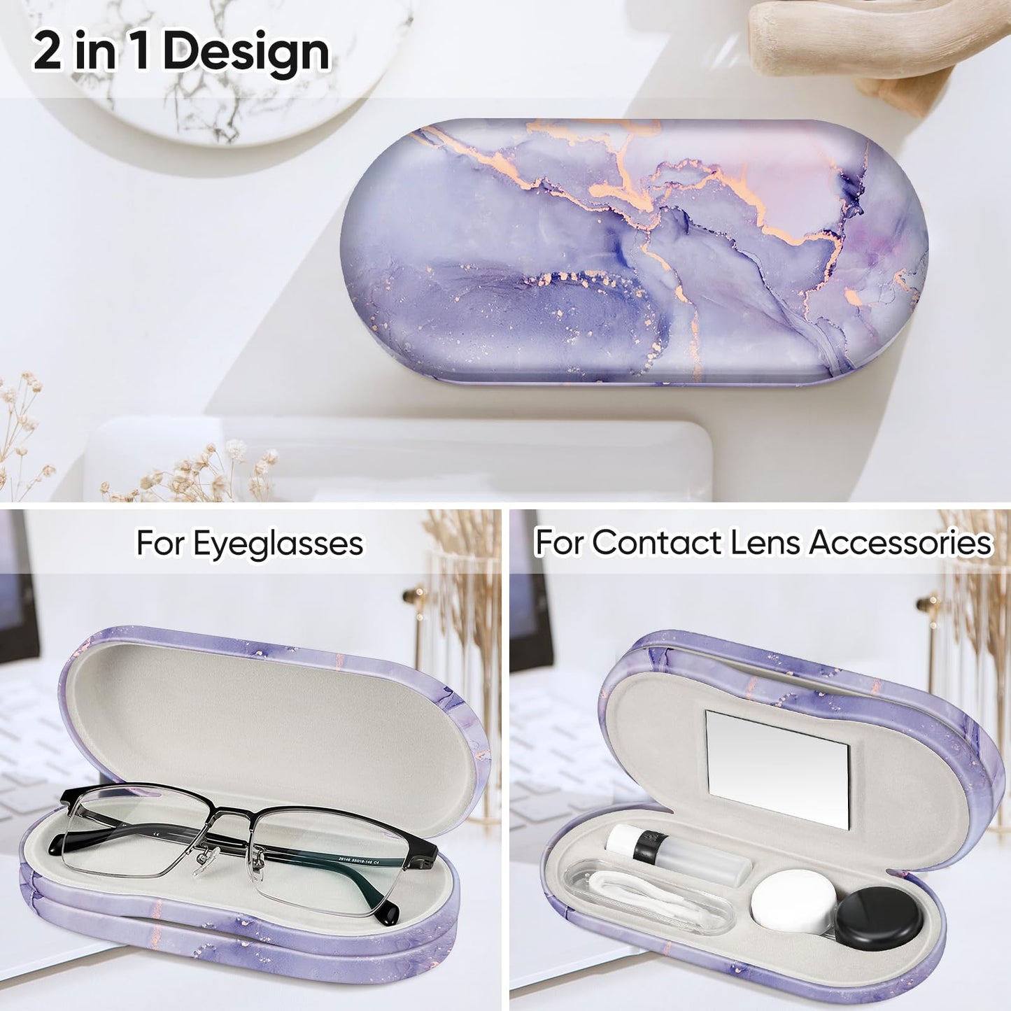Fintie 2 in 1 Contact Lens Case and Eyeglasses Case, Double Sided Portable Eyeglasses Travel Holder with Built-in Mirror, Tweezer and Contact Lens Solution Bottle Included, Lilac Marble