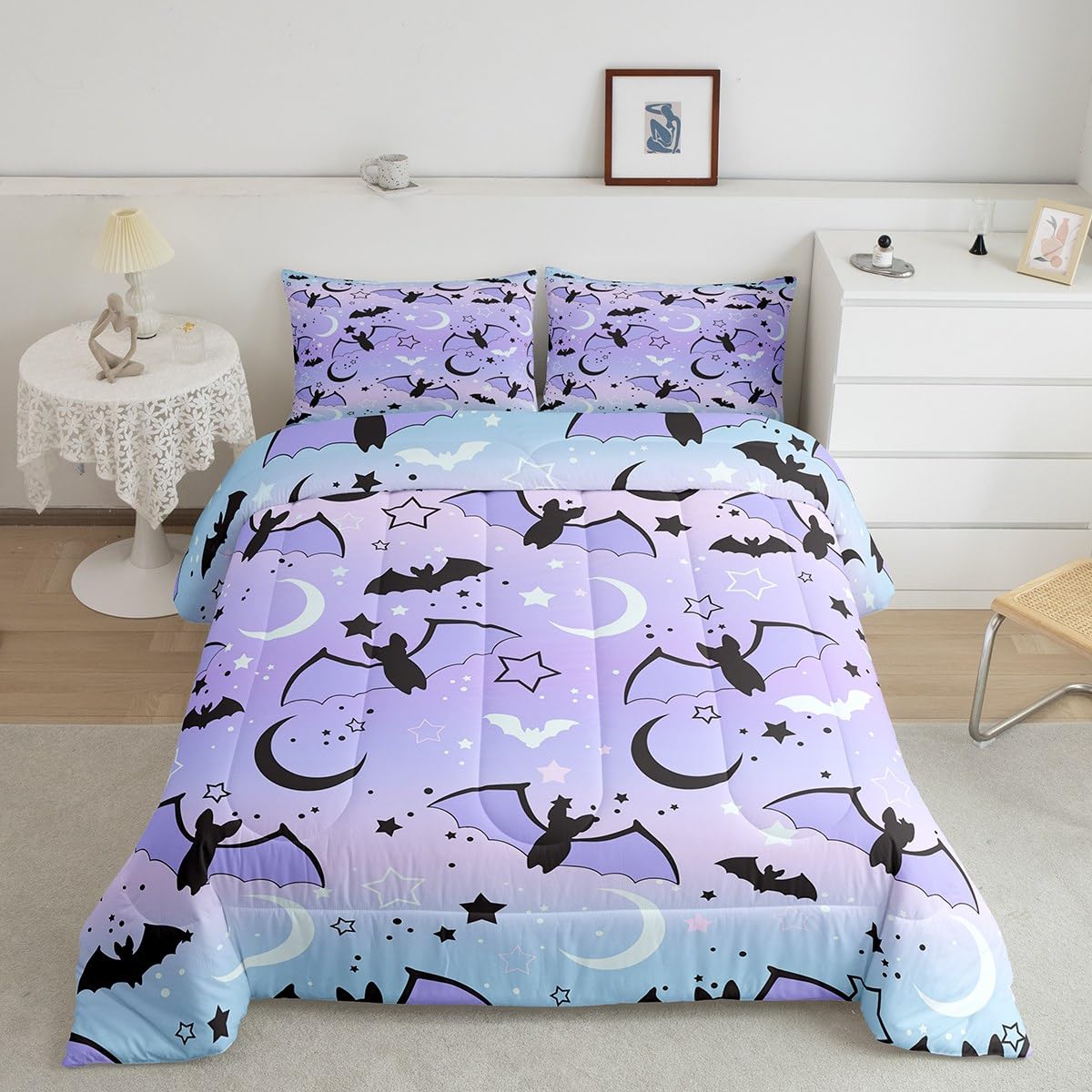 Feelyou Halloween Comforter Rainbow Comforter Set for Boys Girls Children Bat Moon Star Print Bedding Set Halloween Theme Purple Gradient Style Room Decor Twin Size Duvet Set 2Pcs with 1 Pillow Case