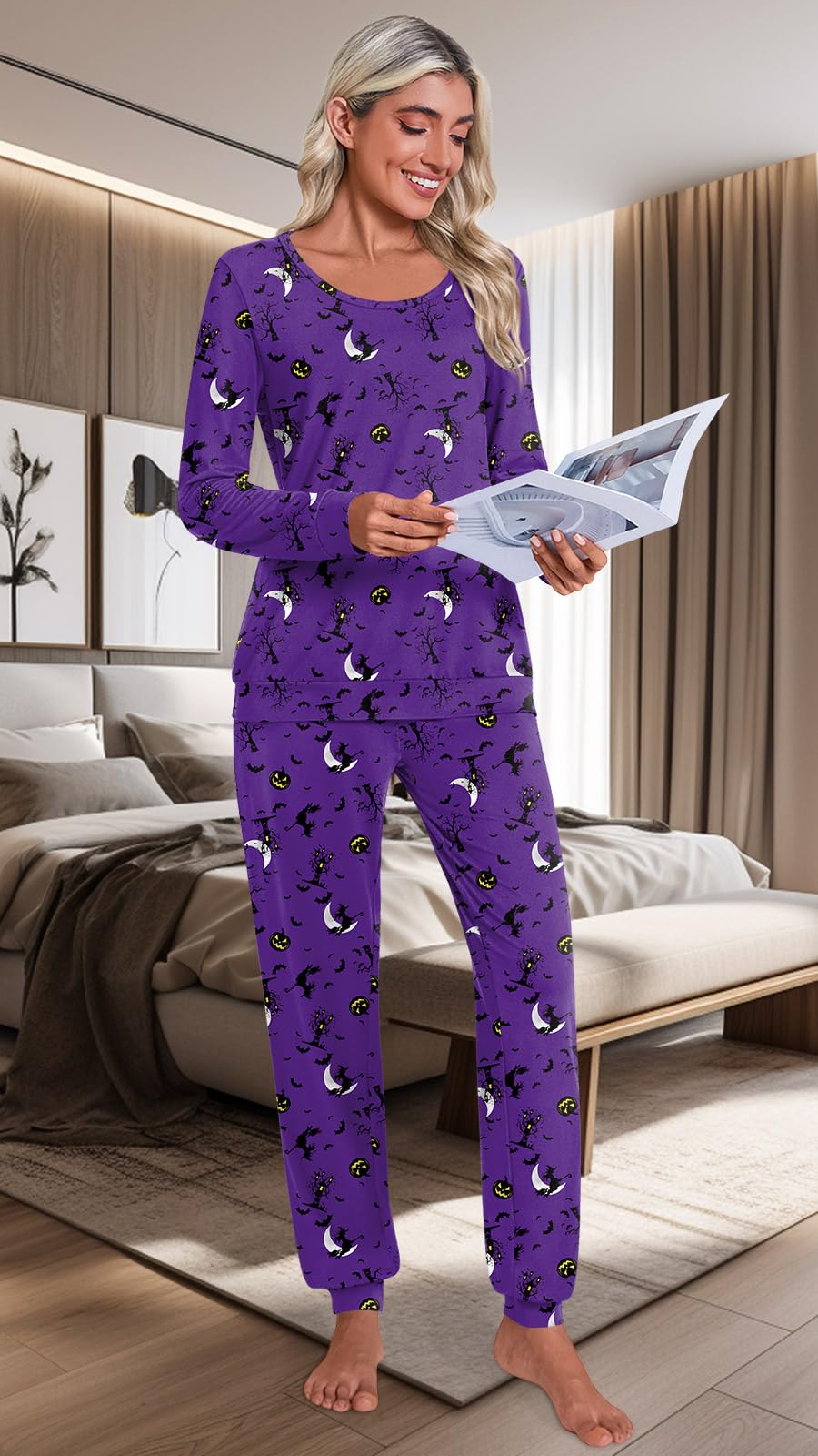 HOTGIFT Womens Pajamas Sets, 2 Piece Lounge Pjs Set Long Sleeve Long Pant Ladies Sleepwear with Pockets Halloween Purple Medium
