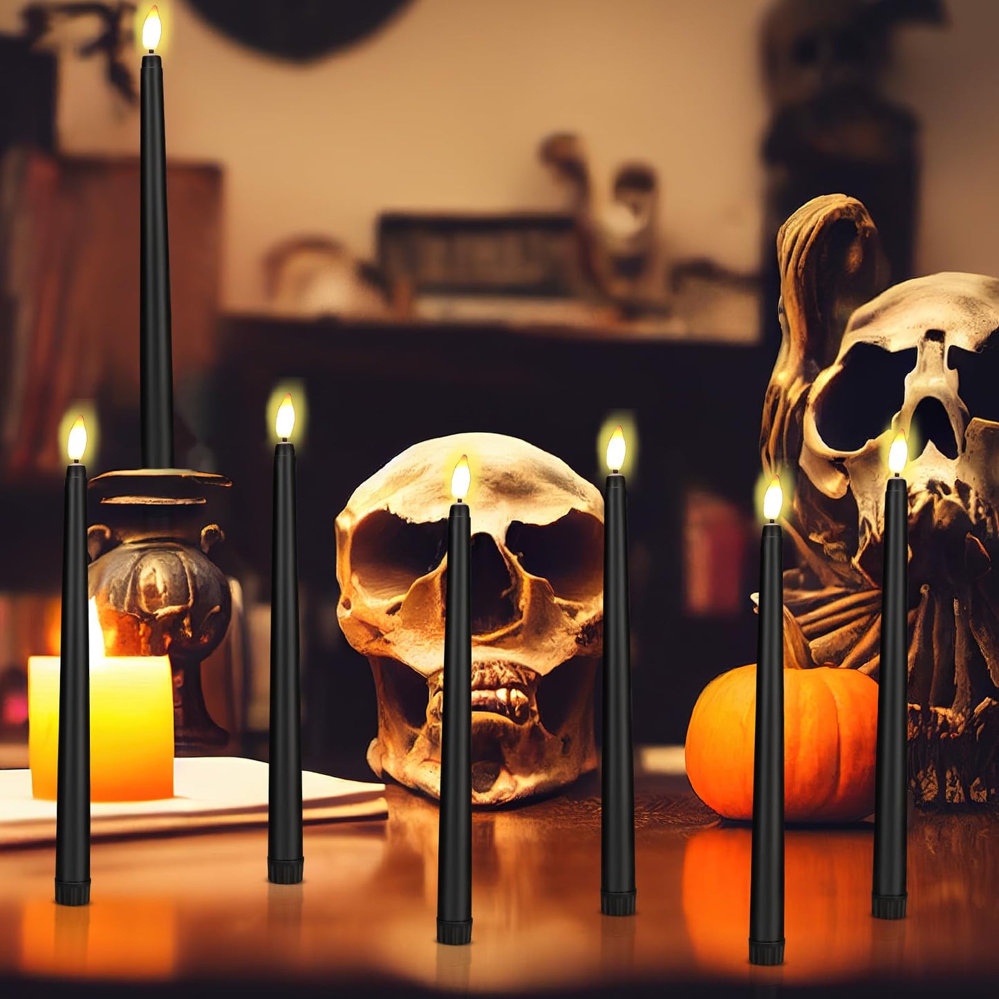 Liliful 24 Pcs Halloween Hanging Floating Candles Flameless LED Taper Candles Magic Hanging Flameless Candles Battery Operated Warm Light for Halloween Party Decor(Black,11.8inch)