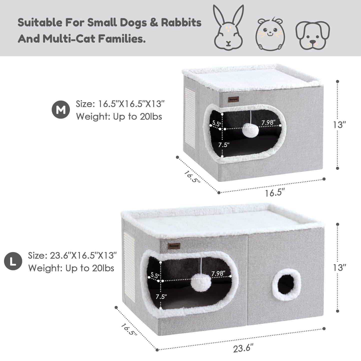 Garnpet Cat Bed for Indoor Cats Cube House, Covered Cat Cave Beds & Furniture with Scratch Pad and Hideaway Tent, Cute Modern Cat Condo for Multi Small Pet Large Kitten Kitty, Large, Dark Grey