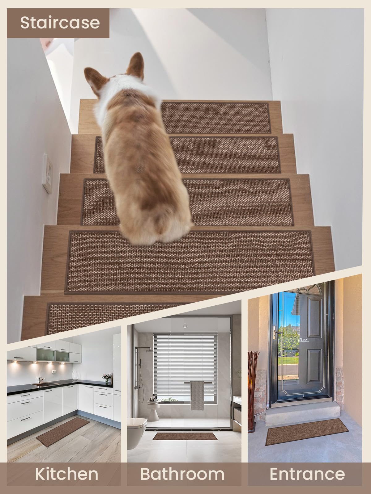 Stair Treads for Wooden Steps, Non-Slip Stair Runners Indoor,Carpet for Stairs with PET Anti-Slip Material for Kids, Elders & Pets, Machine Washable, Reusable(7PCS,30'x8',Brown)