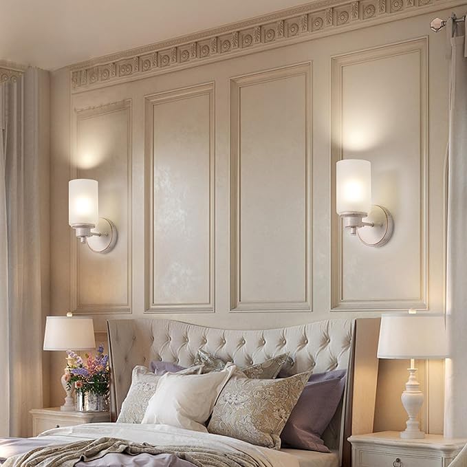 2 Pack Indoor Wall Sconces, Bath Vanity Light Fixtures Wall Mounted Lighting with White Frosted Glass Shade, White and Gold Color Bathroom Wall Lights Bedroom Porch