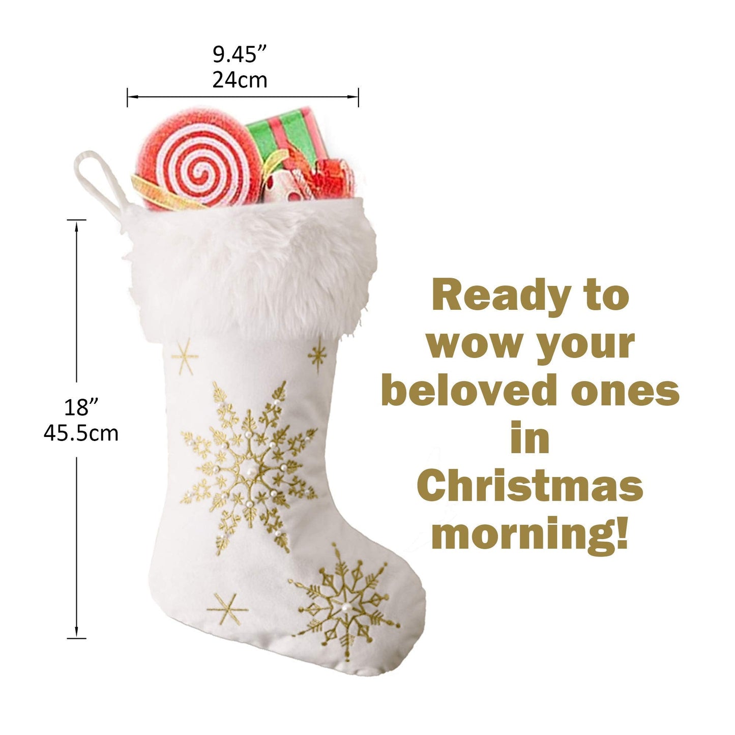 Dehinyen White Christmas Stockings 2 Pack, Family Stockings Christmas 18β Large Christmas Stockings with Plush Faux Fur Cuff (Silver/Gold Snowflake Embroidery) Giant Xmas Stockings Hanging Stockings