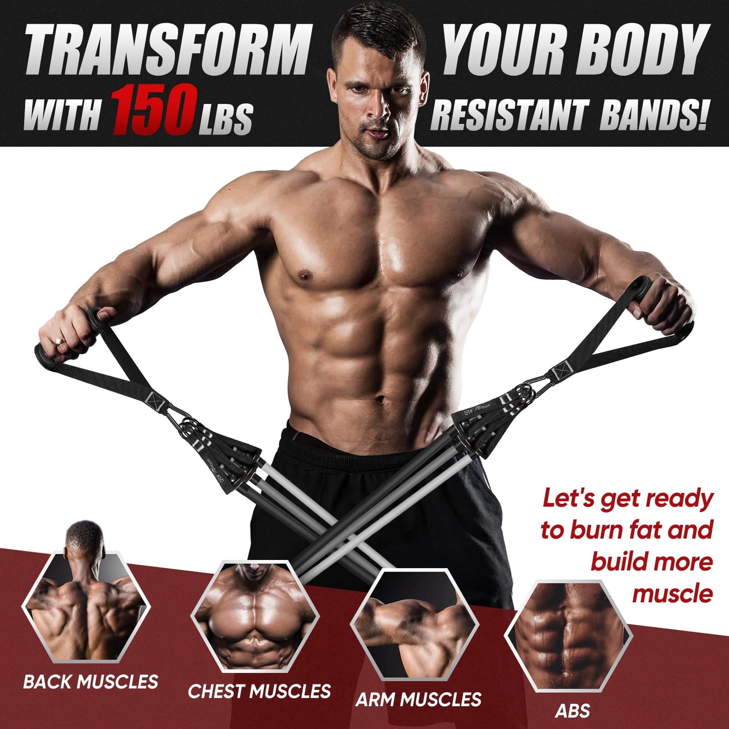 HPYGN Resistance Bands Set, 150lb Exercise Resistance Bands with Handles, 5 Tube Fitness Bands with Door Anchor, Handles, Portable Bag, Legs Ankle Straps for Muscle Training, Strength, Yoga