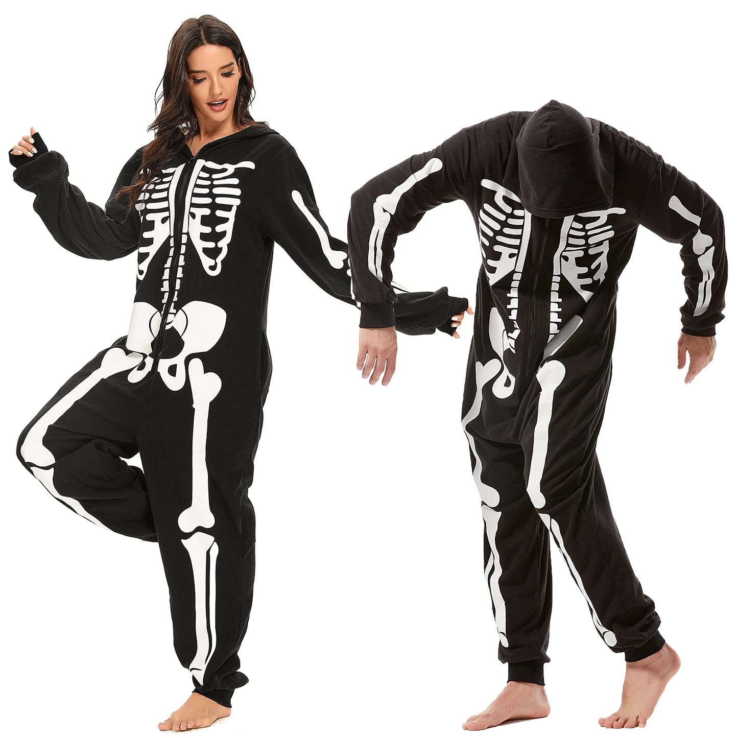 Padama Adult Halloween Skeleton Costume - Unisex Skeleton Plush Pajamas Onesie, Cozy Halloween Adult One Piece Skeleton Cosplay Costumes for Women M