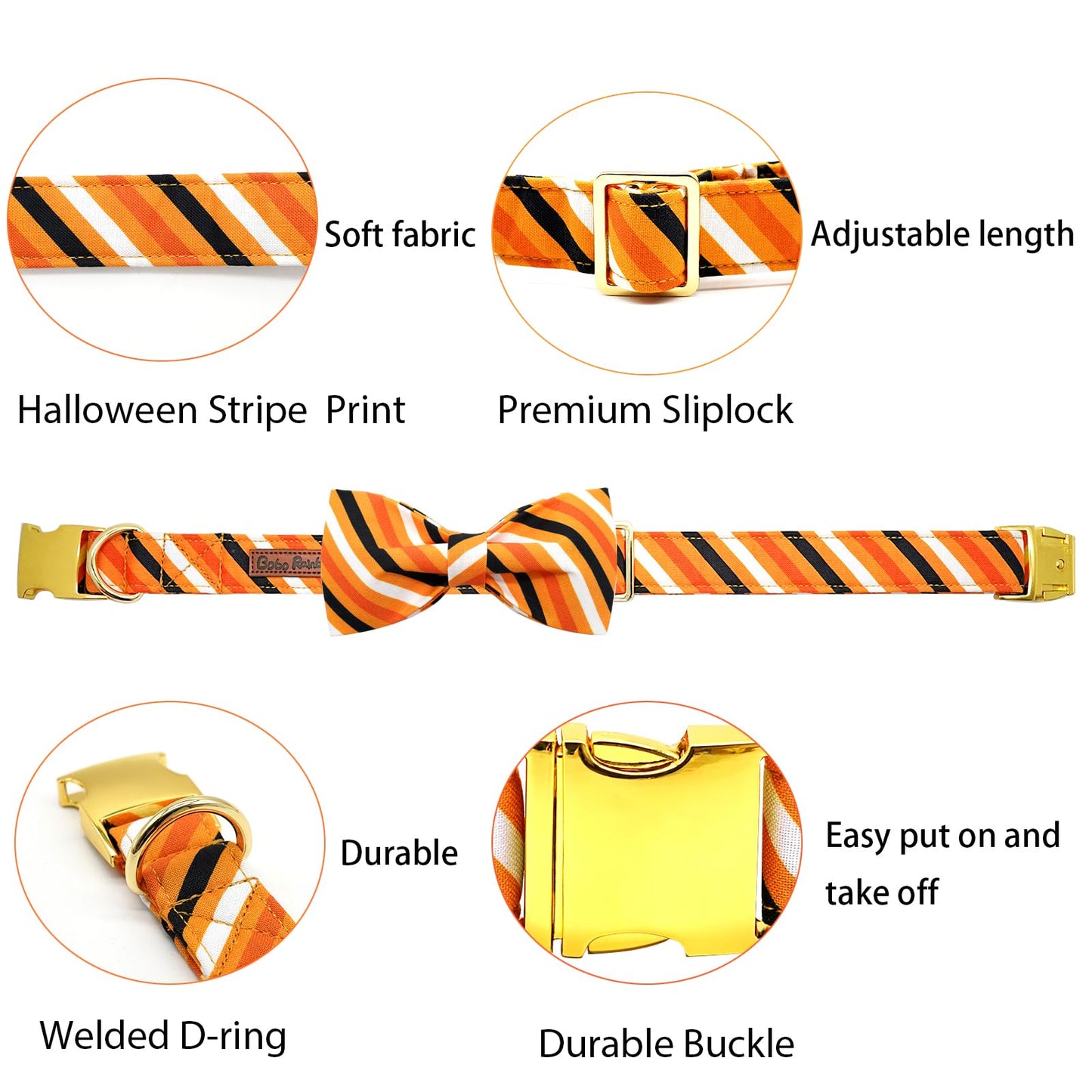 Elegant little tail Dog Collar, Fall Dog Collar Orange Stripe Holiday Pet Collar Dog Halloween Dog Bow Collar Pet Durable Adjustable Girl Boy Dog Collar for Small Dogs