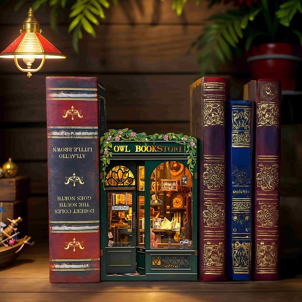 Cutefun Book Nook - 3D Wooden Puzzles for Adults, 139pcs, DIY Miniature House Kit Bookshelf Decor Nook Puzzle Tiny House Gifts for Women Teenagers Book Lovers (OWL Bookstore)