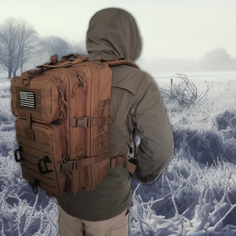Hannibal Tactical MOLLE Assault Backpack, Tactical Backpack Military Army Camping Rucksack, 3-Day Pack Trip w/USA Flag Patch, D-Rings, Dark Brown