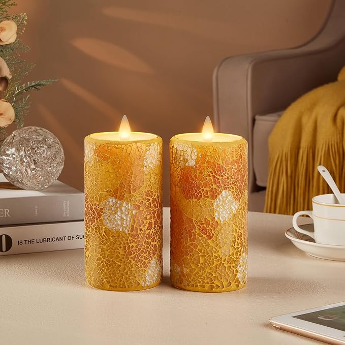Mosaic Glass Flameless Candles with Remote Timer - 3D Moving Flickering LED, Remote Timer & Battery Operated, Real Wax Interior for Home/Christmas Decor(Yellow Cracked Glass)