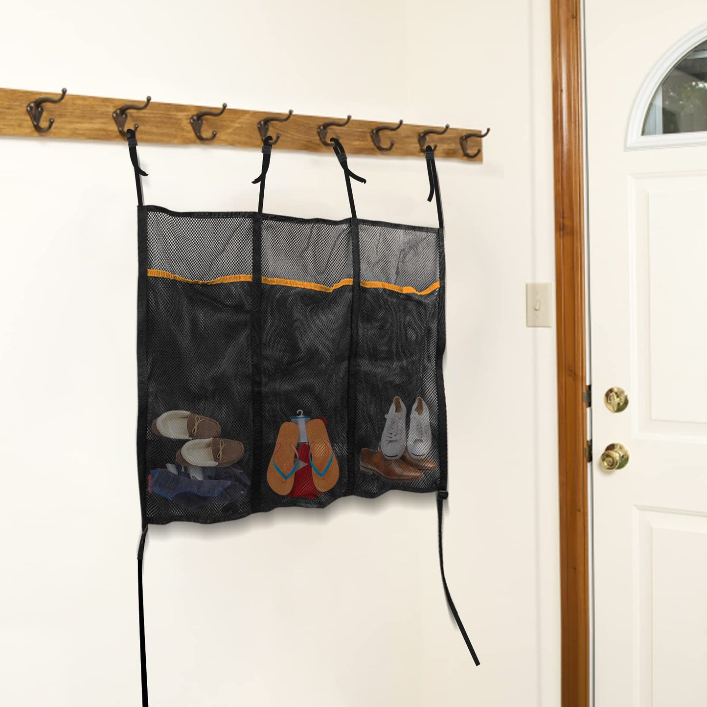 Mordx Trampoline Shoes Bag, 3 Pouch Storage Mesh Bag Trampoline Shoe Holder,Indoor Household Item Fitness Shoes Organizer, Trampoline Item Storage Accessories Equipment Bag, black