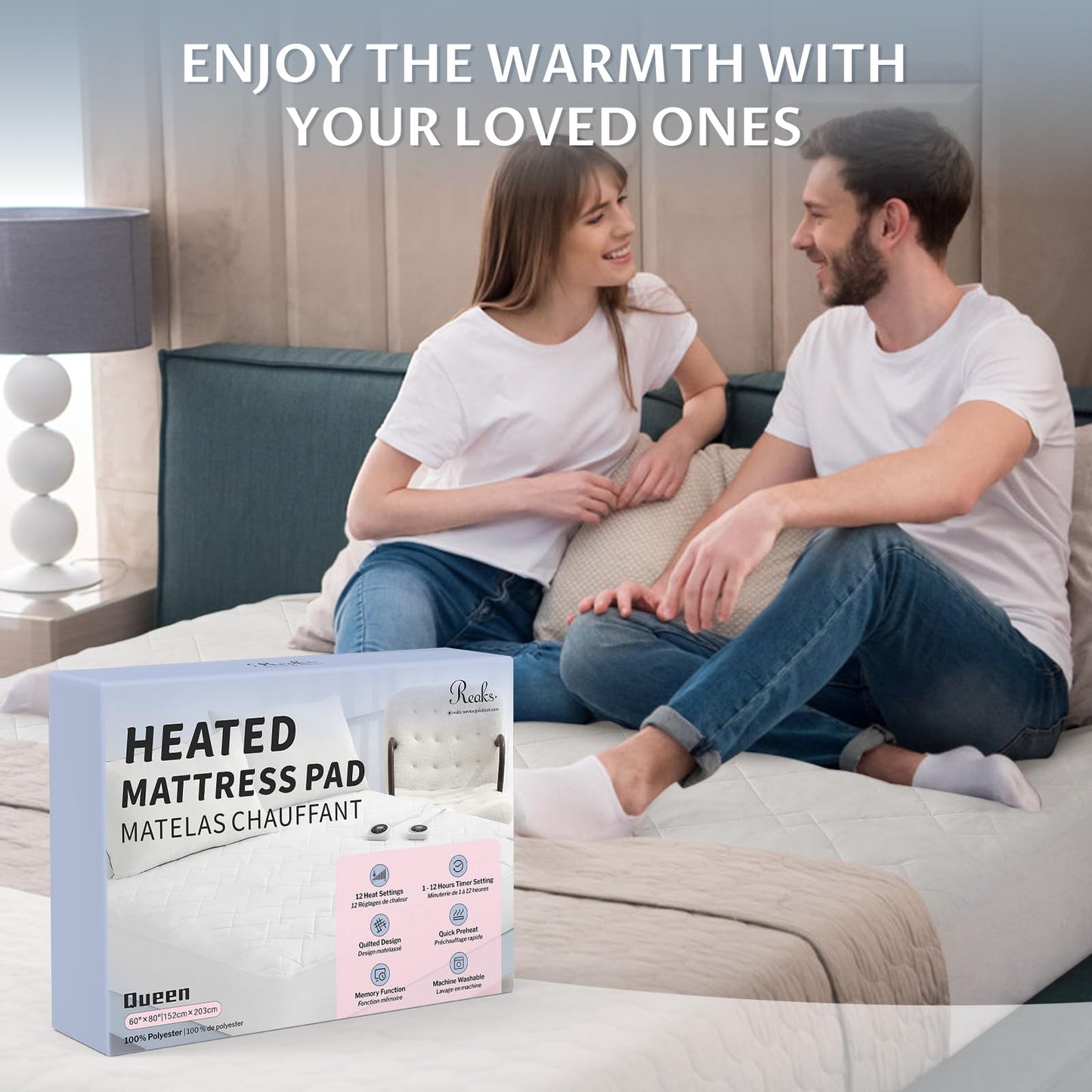 King Size Electric Heated Mattress Pad - Bed Warmer with Memory & Preheat Functions, 12 Heat Settings Dual Control for 1-12 Hours Auto Off, Lighted Button