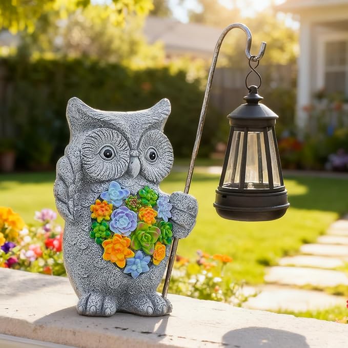 Solar Owl Garden Statue with Succulent Decor & Hanging Lantern – Outdoor Resin Decor for Patio, Yard, Balcony – Unique Gift for Women, Gardeners