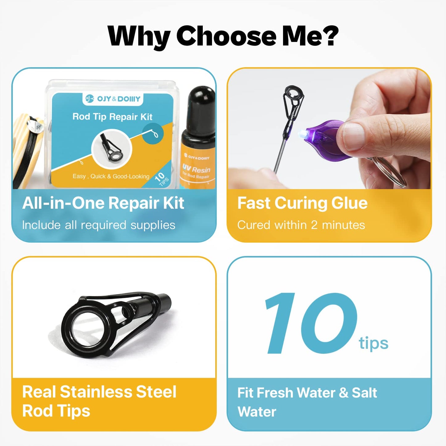 OJYDOIIIY Fishing Rod Tip Repair Kit with Glue, Complete Repalcement Parts Kit with UV Cured Adhesive and 10 Rod Tips