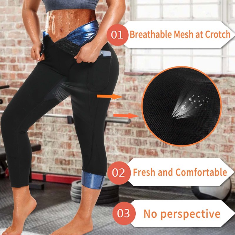 DYUAI Sauna Leggings for women High Waist Sauna Sweat Pants with pocket Compression Workout Legging Sauna Suit(WBH7006-01-S)