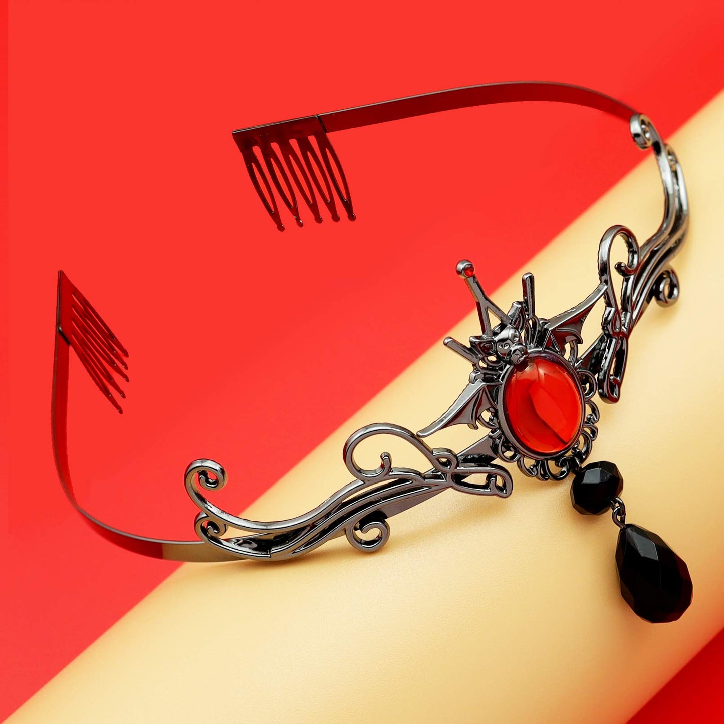 RechicGu Black Vampire Bat Red Stone Halloween Headband Tiara Comb Costume Crown Accessory Queen Party Bride Fascinator Alice Band with a box