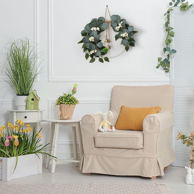 15'' Eucalyptus Wreath for Front Door Artificial Greenery Outdoor Wreath with White Berry Spring Summer Wreaths for Farmhouse Front Porch Window Porch Hanging Wall Party Wedding Decor