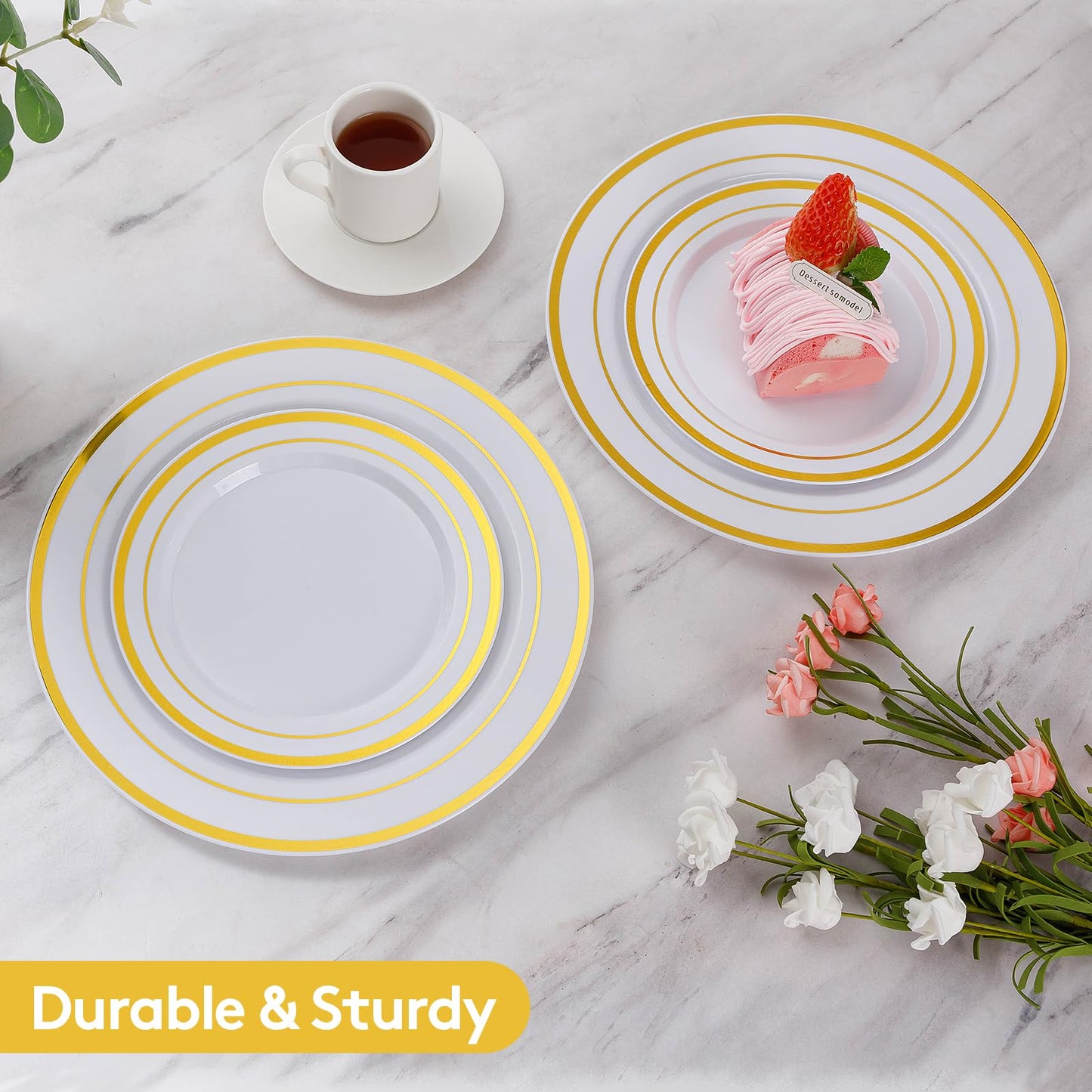 Goodluck 200PCS Gold Plastic Plates, Heavy Duty Disposable Gold Plates with 100 10.25 inch Dinner Plates and 100 7.5 inch Dessert Plates, Disposable Plates for Party, Holiday, Wedding, Thanksgiving