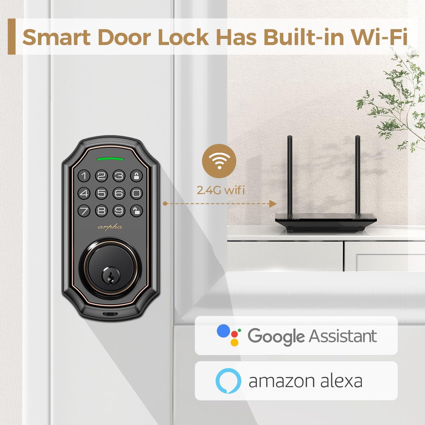 Arpha Keyless Entry Door Lock, WiFi Smart Keypad Front Door Deadbolt, Supports Amazon Alexa Voice Control, Google Assistant, Online App Control, Anti-Peeping Password, One-Time Code, Auto Lock
