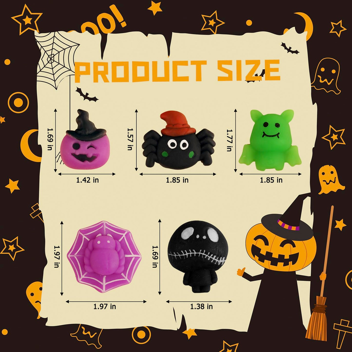 JDSTY 24Pcs Halloween Mochi Squishy Toys Stress Relief Squishies for Kids Girls Boys Halloween Party Favors Halloween Treat Bags Gifts