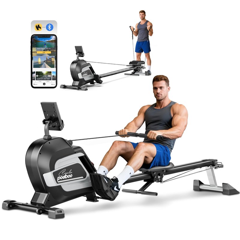 pooboo Rowing Machines for Home, Magnetic Rowing Machine with Adjustable Resistance, Folding Rower Machine of Quiet, 350lbs Weight Capacity, Comfortable Seat Cushion,LCD Monitor, App Support