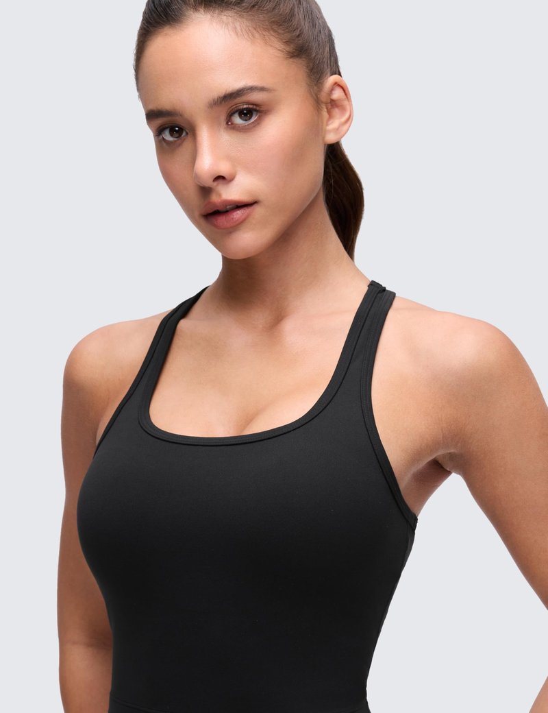 CRZ YOGA Butterluxe Racerback Crop Tank Tops for Women - Padded Y-Back Longline Sports Bras Scoop Neck Workout Yoga Black Medium