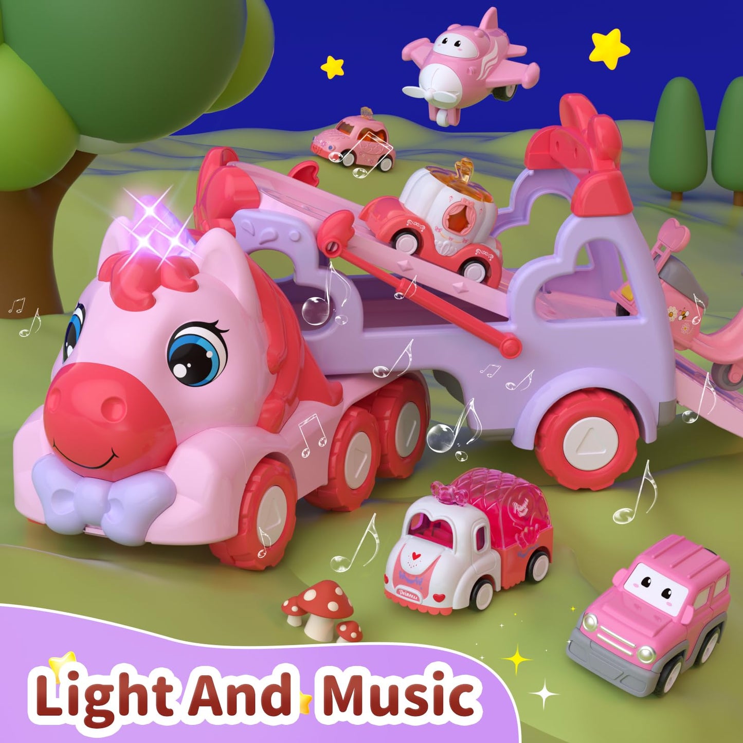 usrela Toys for 1 2 3 Year Old Girl Truck, 7-in-1 Girl Carrier Truck Car with Light & Sound, Toddler Girl Car Toys Age 1-3 2-4, Unicorn Toy Cars for 1 2 3 Year Old Girls Birthday