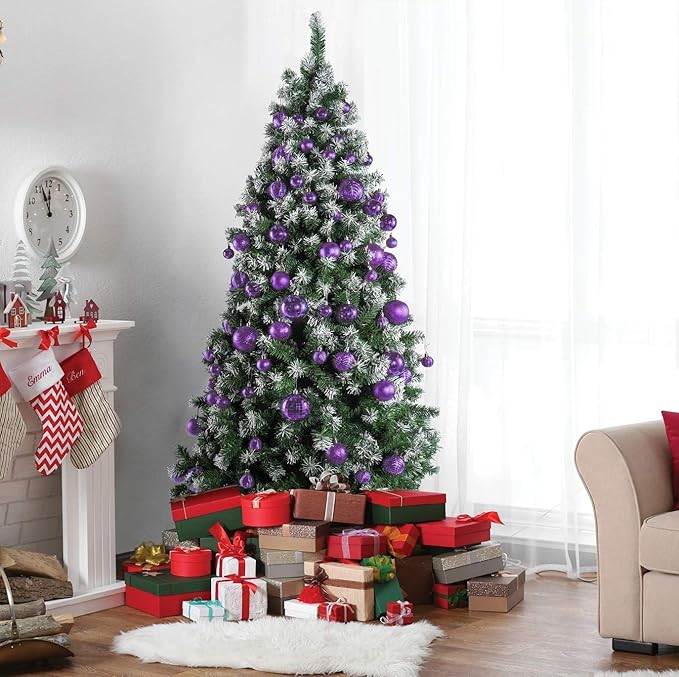 PREXTEX 36-Piece Purple Christmas Ornaments Set - Shatterproof Plum Xmas Tree Balls - 6 Styles, 3 Sizes with Hanging Loops to Decorate Christmas Tree Ornaments for Indoor and Outdoor Holiday Decor