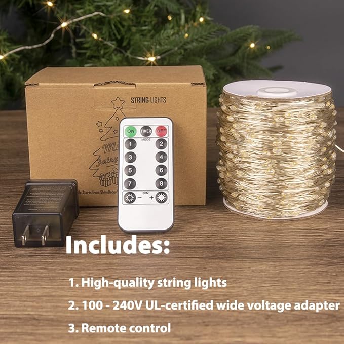 Warm White 328Ft Plug in Fairy Lights Silver Wire 1000 LEDs, 8 Modes, Waterproof, Remote - Controlled for Bedroom, Garden, Party, Christmas, Wedding & Birthday Decor, Indoor & Outdoor Use