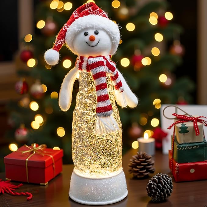 Christmas Snowman Decorations, Lighted Snowman Plush Swirling Glitter Musical Christmas Snow Globe, Christmas Water Lantern Ornaments for Festival Decoration Gifts