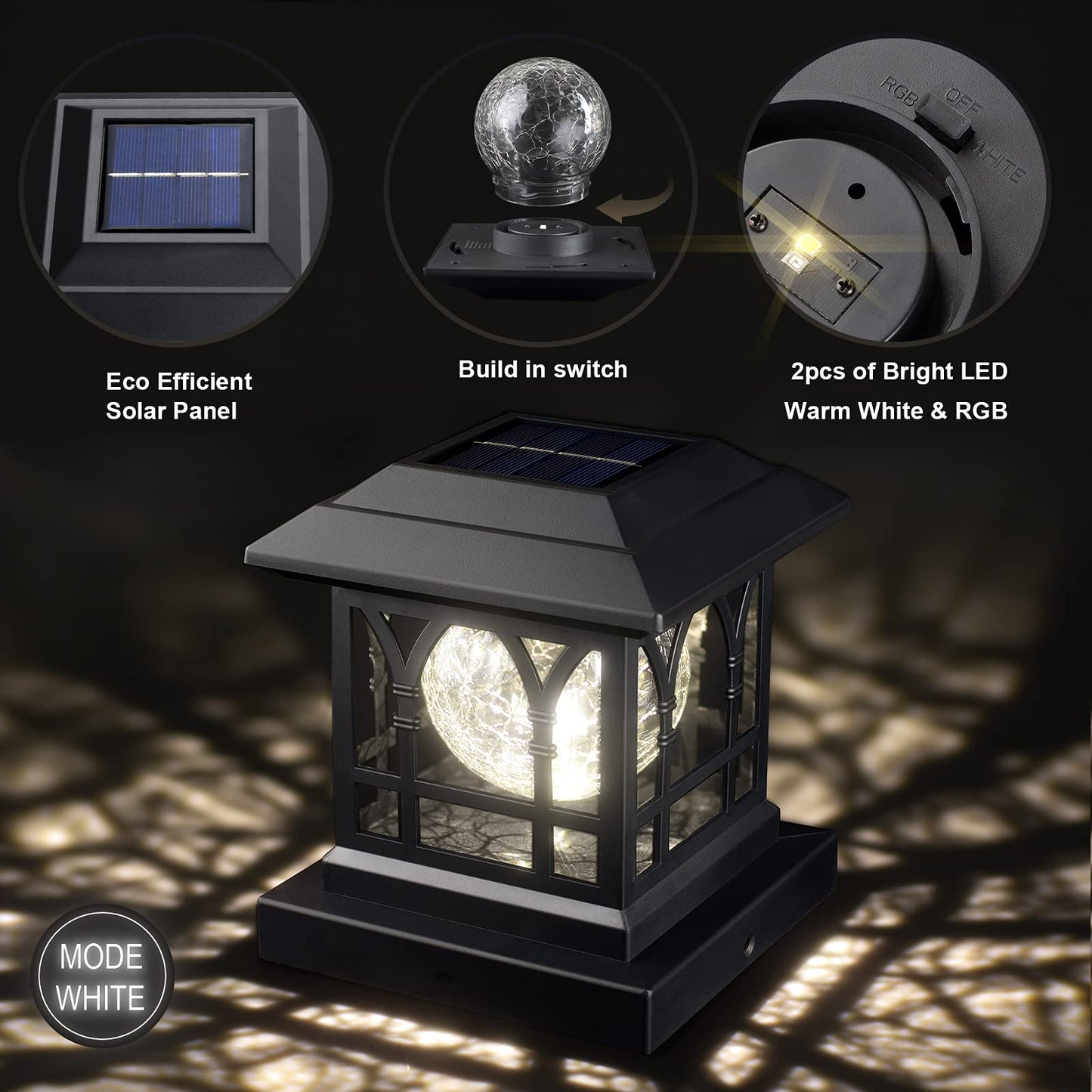 AEFRELEOHT Solar Post Cap Lights, Warm White & RGB Automatic Cycling, Cracked Glass Bulb, 20 Lumens lP65 Waterproof Fit 3.6x3.6 4x4 4.5x4.5 5x5 Wood Fence Post Solar Powered Lights Black (2 Pack)